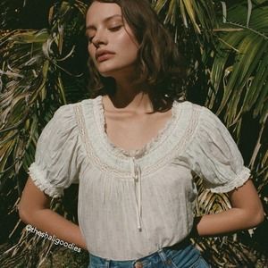 DOEN Misty Top White Blue Floral Lace Trim Cotton Blouse